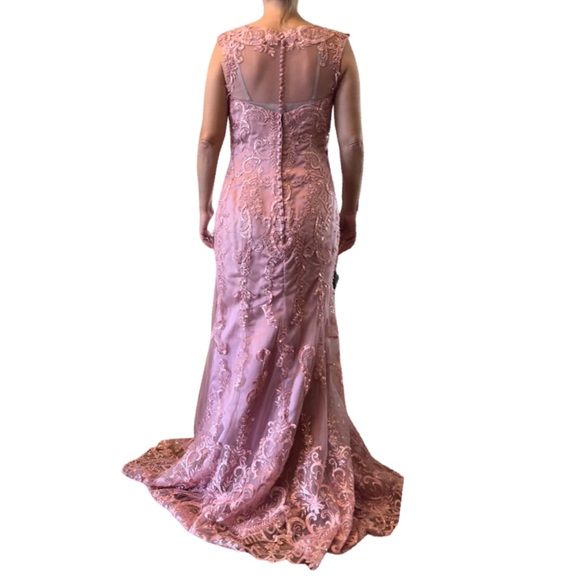 Long Dusty Rose Formal, Evening Gown, Mermaid fit with Tooling, lace & sequins - Picture 9 of 17